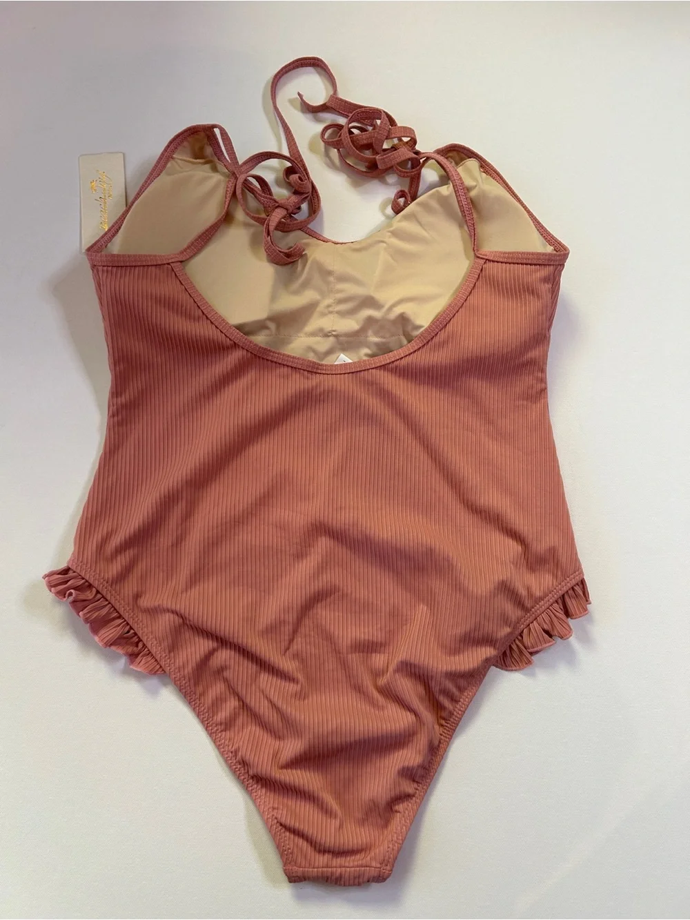 BeachJoy Ribbed One Piece Swimsuit Pink Ruffle Tie Strap Women’s Size L NWT